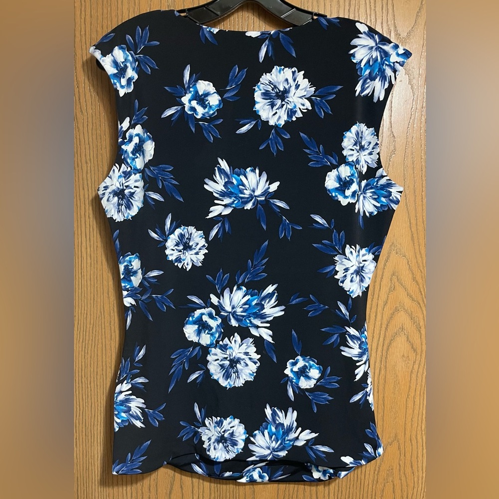 EUC White House Black Market Floral Wrap Blouse - Blue and Black - Picture 3 of 4